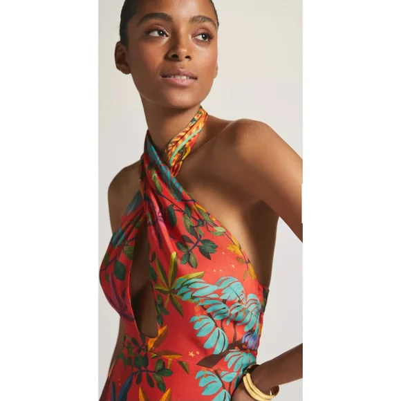 FARM Rio x Anthropologie Red Colorful Halter Slip Dress Small Petite - Picture 2 of 5